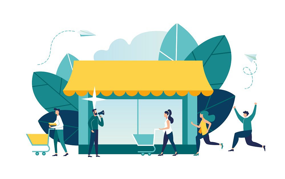 Vector Illustration of storefront with people shopping, other people skipping, and a person with a megaphone advertising their business.
